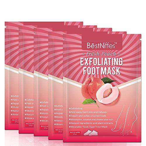 Foot Peel Mask, 5 Pack Peach Exfoliating Foot Masks, Natural Exfoliator for Dry Dead Skin, Callus, Repair Rough Heels for Men Women