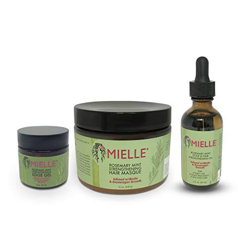 Mielle Organics Rosemary Mint Growth Oil 2 oz, Strengthening Hair Masque 12 oz, and Strengthening Edge Gel 2 oz,For stronger and healthier hair