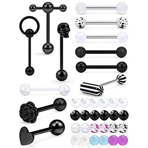 Hnxnskt 12Pcs 14G Tongue Rings + 24Pcs Matching Replacement Balls Pack Multicolor Tongue Piercing Barbells Surgical Stainless Steel Tounge Jewelry for Women Men