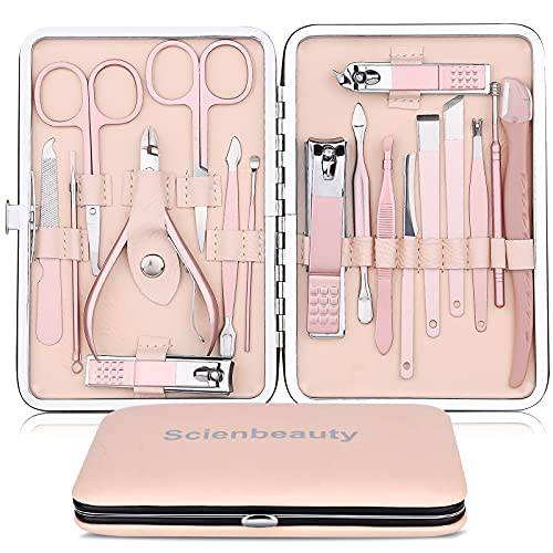 Nail Clippers by Scienbeauty Professional 18 in 1 Manicure Pedicure Kit for Fingernails Toenails Grooming, Stainless Steel with Leather Case (Pink)