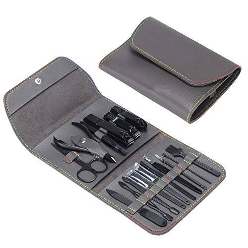16 Piece Pedicure Kit,Manicure Pedicure 16-Pieces Gift Set Stainless Steel Nail Clippers Portable Travel Kit Professional Version Sharp Durable for Hand Facial Foot Care Gray