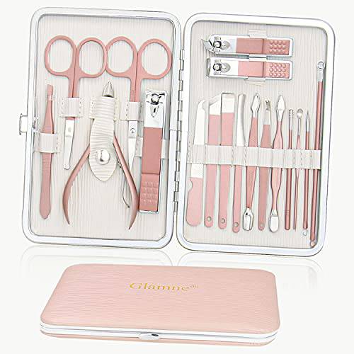 Glamne Manicure Pedicure Set Nail Clippers Kit Professional Stainless Steel Nail Care Tools with Leather Travel Case 18 in 1 Black