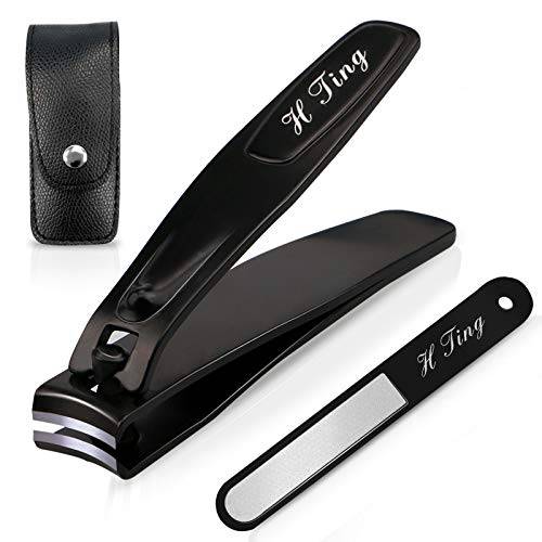 Nail Clipper, Black Matte Stainless Steel Nail Clippers Set, Finger Nail Clipper and Toenail Clippers Cutters with Leather Case, The Best Nail Clipper Gift for Men and Women by H Ting (Black)