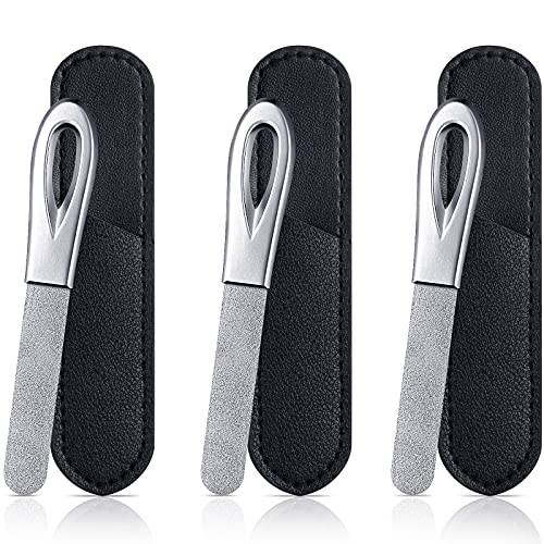 3 Pieces Stainless Steel Nail Files with Leather Case Double Sided Nail Files Non Slip Handle Grit Diamond Fingernail File Easily Grinding Metal Nail File Emery Boards for Natural Nails (Black)