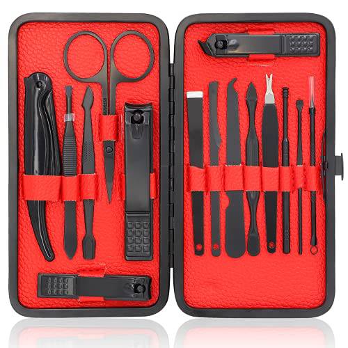 Nail Clippers Pedicure Kit Manicure Set Professional,Stainless Steel Nail Cutter for Adult Manicure Set for Men Women Thick Nail Scissors with Cuticle Trimmer Manicure Set (15pcs, Black)