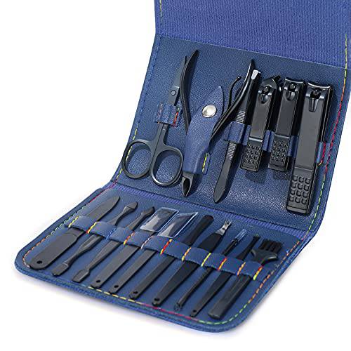 PLUSURS Manicure Pedicure Set Nail Grooming Kit -Stainless Steel Sharp Nail Clipper for Men or Women’s Fingernail and Ingrown Toenail ,with Nail File and Cuticle Trimmer in(16 in 1,Blue)