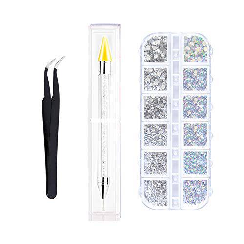Crystals AB Nail Art Stones Studs Gems Picker Wax Pen with 1 box Rhinestones Decorations Nail Stones with Pick Up Tweezer, Rhinestone Picker Dotting Pen, 1500 Pieces