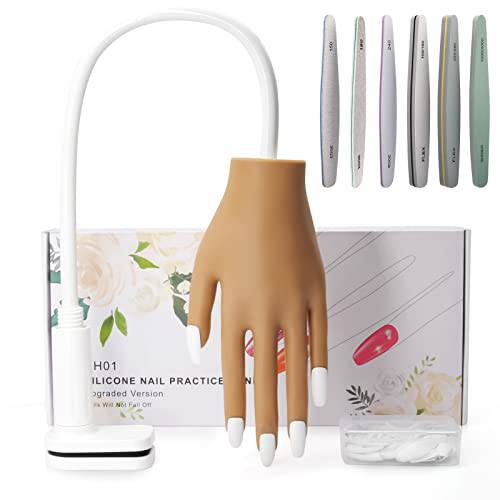 Practice Hand for Acrylic Nails, Built-in Aluminum Alloy Bracket, Fingers Won’t Break, Nails Will Not Fall Off, Flexible Silicone Nail Practice Hands Fake Hands, with 6pcs Nail Buffer File Set