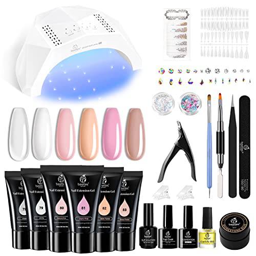 Beetles Poly Nail Gel Kit with U V Lamp 6 Pcs Poly Colors Gel with Slip Solution Nail Forms Brush Clips Cutter Builder Gel Nail Kit with Everything Professional Clear Nude Polijel Nail Starter Kit Mother’s Day Gift for Women