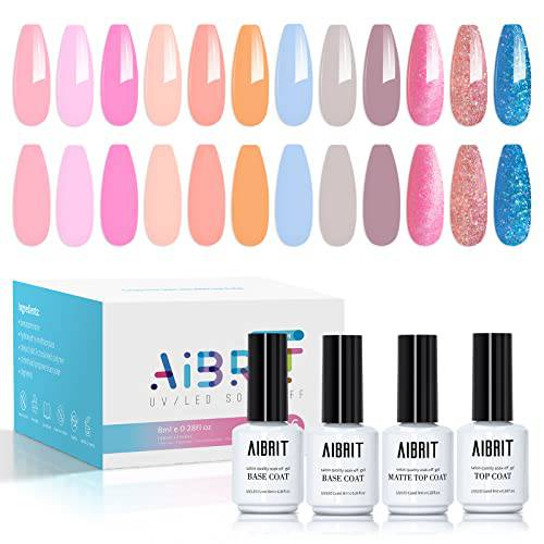 AIBRIT Gel Nail Polish 16 Pack Gel Polish Kit Include Glossy & Matte Top Coat and Base Coat Bright Nails Art Pastel Girly Colors Collection Nails Glitter for Girls Women DIY Home Salon