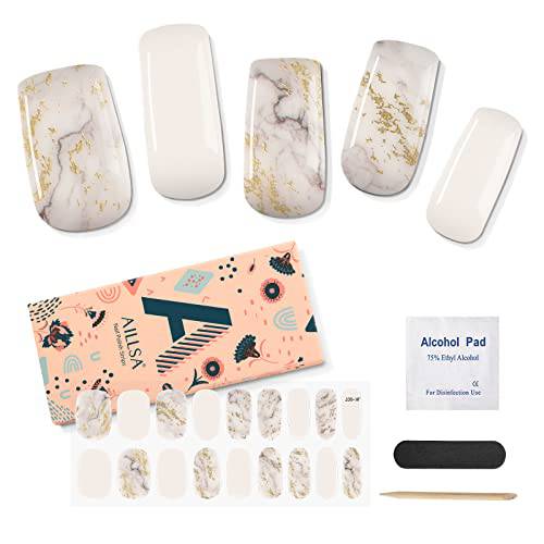 AILLSA Semi Cured Gel Nail Strips, White Marble Gel Nail Strips, Gel Nail Stickers Full Nail Wraps, Long Lasting,Safe & Easy to Use, Gel Nail Polish Strips for Women 27pcs