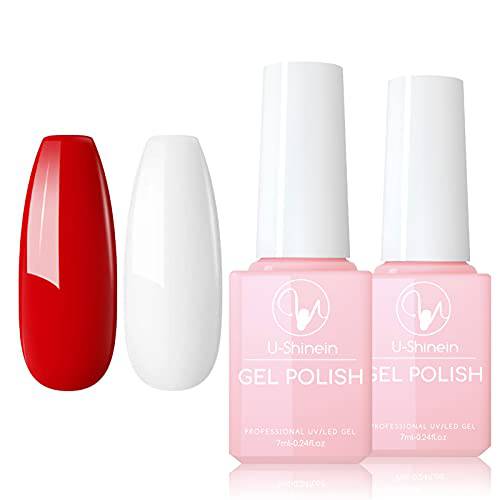 U-Shinein Red and White Nail Polish Gel Kit, Long Lasting Nails Polish Gel Soak-off UV LED Home DIY Salon Nail Art Manicure Nails Gel Women Girlfriend Gift