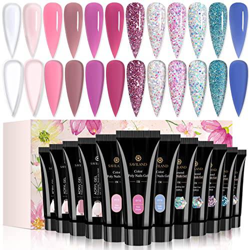 Saviland Poly Nail Gel Set 12 Colors Poly Nail Extension Gel Set 15g Glitter Pink Purple Builder Nail Poly Gel Set for Starters and Professional Design Salon DIY at Home