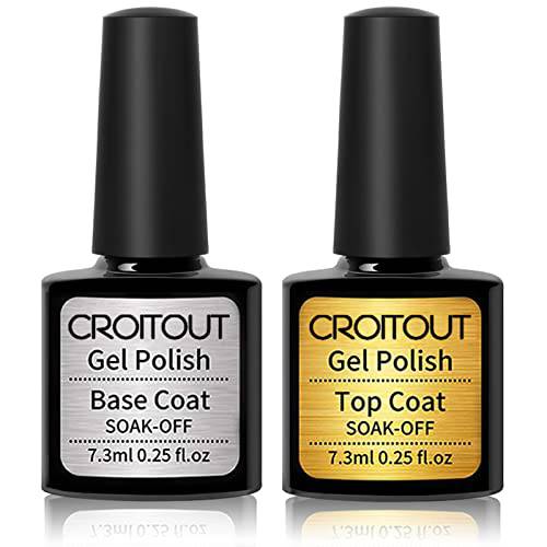 Croitout Gel Top Coat and Base Coat Set, No Wipe Gel Base and Top Coat, Soak Off Base and Top Coat Gel Nail Polish, UV LED Nail Polish Top Coat, Long Lasting Glossy Shine Finish 2 x 7.3ml
