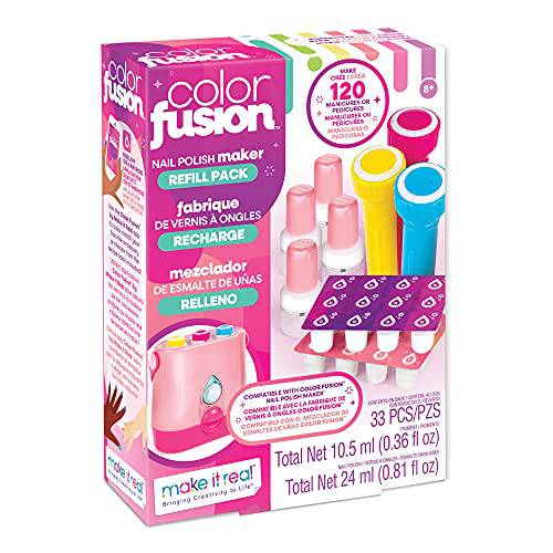 Make It Real Color Fusion Nail Polish Maker Refill Pack - Compatible with Color Fusion Nail Polish Maker - Supplies for 120 Manicures Includes 3 Color Tubes, 24 Polish Capsules, 4 Nail Polish Bottles