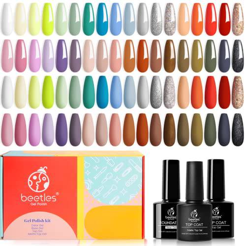 Beetles Gel Nail Polish Color- 36 Pcs Gel Green Red Purple Brown Nail Art Kit Gel Polish Starter Kit with Glossy & Matte Top Coat and Base Coat Christmas Gel Polish New Year’s Nails Gifts for Women