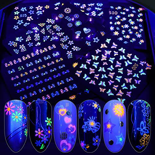 Luminous Fluorescent Nail Art Stickers, 3D Self-Adhesive Nail Decals Flowers Butterfly Stars Heart Nail Design Glow Nails Supplies for Glitter Nail Decoration At Night Manicure Accessories (24 Sheets)