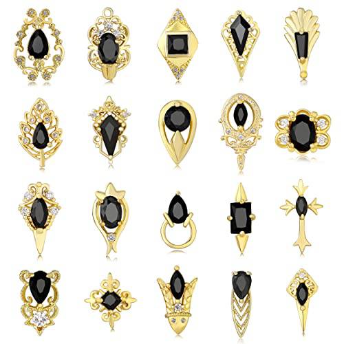 20Pcs Black 3D Nail Charms - 24K Gold Nail Art Charms Luxury Black Zircon Nail Diamonds Art Jewels Stones Decoration, Crystal AB Rhinestones for Nails DIY