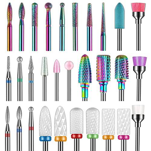 Depvko 30Pcs Nail Drill Bits,3/32 Inch Ceramic Drill Bits for Nails Sets Acrylic, Diamond Cuticle Efile Carbide Remover Bits for Home Salon Acrylic Gel Nail Manicure Pedicure Tools(Come with 3 Cases)