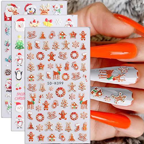 Christmas Nail Art Stickers, Merry Christmas Nail Decals 5D Embossed Winter Nail Art Supplies Self Adhesive Snowflake Snowman Santa Claus Christmas Tree Nail Stickers for Acrylic Nails Decorations
