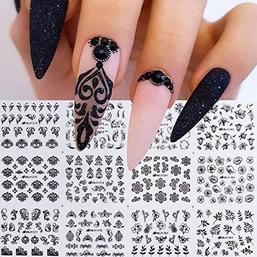Black Nail Stickers for Nail Art, Flower Nail Art Stickers 3D Self Adhesive Nail Art Supplies Flower Nails Decals Black Floral Leaf Nail Designs for Women Nail Art Decorations Manicure Tips Charms