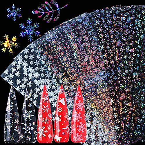 Snowflakes Nail Art Foils Holographic Laser Snowflake Nail Foil Transfer Sticker Nails Supply Christmas Nail Sticker Decals Winter Snow Reindeer Nail Decorations for Women Girls Manicure (10 Pcs)