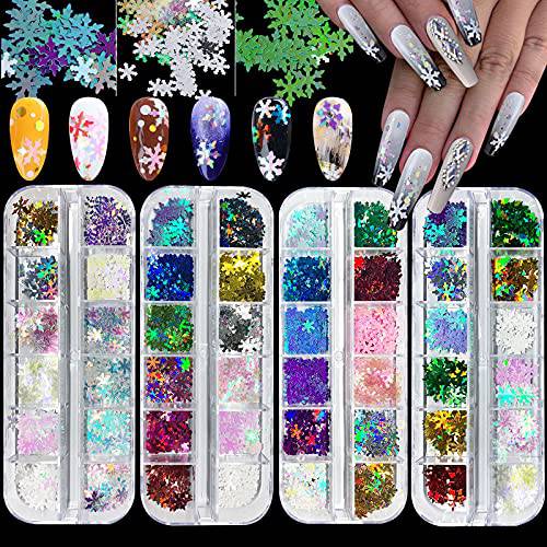 4 Boxes Christmas Snowflake Nail Sequins Glitter EBANKU Holographic Laser Snowflakes Flake Nail Glitter Confetti Tree Sparkly Nail Sequin for Acrylic Nail Craft Decoration