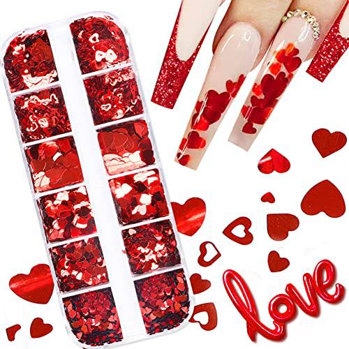 Holographic Nail Art Glitters for Valentine Day Charms Nail Decorations Love Heart Nail Sequins Sparkle Nail Flakes Red Heart Stickers Decals for Acrylic Nail Supplies Manicure Tips Accessories12 Grid