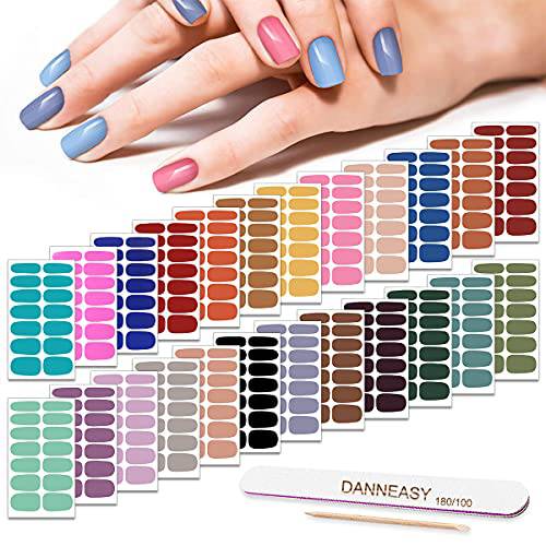 Nail Polish Strips Solid Color, DANNEASY 24 Sheets Adhesive Nail Polish Stickers Nail Wraps for Women 1Pc Nail File, Cuticle Stick