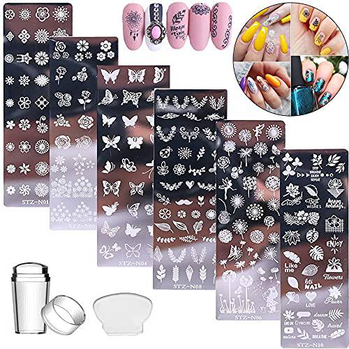 8 Pcs Nail Stamp Plates Set Nail Stamping 6 Plate 1 Stamper + 1 Scraper Butterfly Flower Leaf Feather Nail Plate Template with Stamper Girl Women DIY Tools Nail Decoration Kits