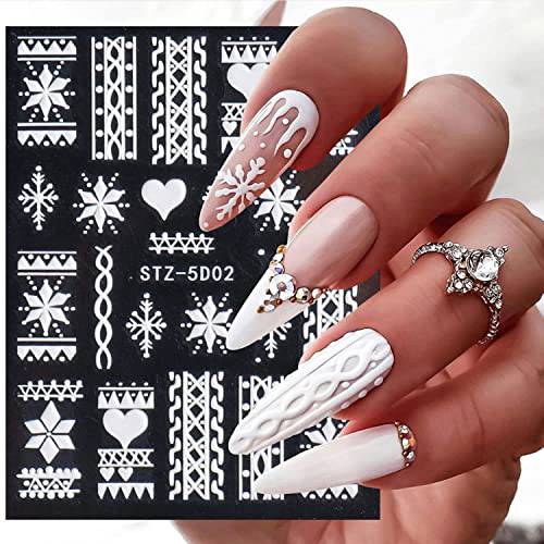 5D Embossed Snowflake Nail Art Stickers Christmas Nail Decal White Flower Lace Nail Decal Snowflake Leaf Nail Sticker Design Self-Adhesive Nail Decoration Supplies for Women DIY Christmas Manicure