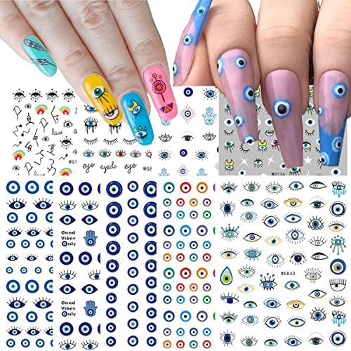 9 Sheets Evil Eye Nail Stickers for Nail Art, 3D Self-Adhesive Witch Nail Decals DIY Nail Art Supplies for Nail Decorations Designer, Frensh Nail Tattoos for Women Wirls, Pegatinas Para Uñas with Eyes Pattern Nails Designs Accessories