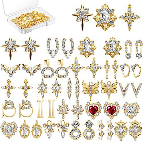 48 Pieces 3D Shiny Nail Rhinestones Luxury Nail Decoration Diamonds Metal Nail Jewelry Nail Beauty Design Charms Gold Heart Nail Gems Nail Design Crystals for DIY Women Nail, 24 Styles