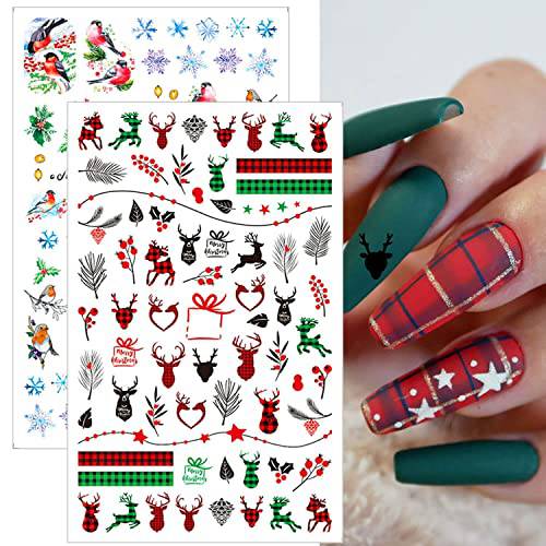 Christmas Nail Art Stickers Decals Christmas Nail Decorations Accessories 3D Snowflake Elk Trees Bird Plaid Cartoon Nail Sliders New Year Decals Foils Manicure Design 5 Sheets(A)