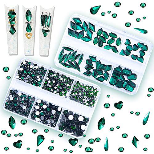 1060Pcs Emerald Green Nail Rhinestones Flatback Green Gems Crystals Glass Stones Round BeadsMulti Shapes Sizes Nail Rhinestones Charms for Nail DIY Crafts Clothes Shoes Jewelry