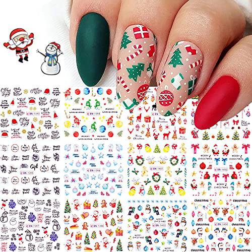 Christmas Nail Art Stickers, Snowflake Nail Decals Water Transfer Winter Nail Stickers Colorful Snowmen Reindeer Bell Merry Christmas Happy New Year Xmas Tree Nail Tattoo Stickers for Women Girls (12 Sheets )