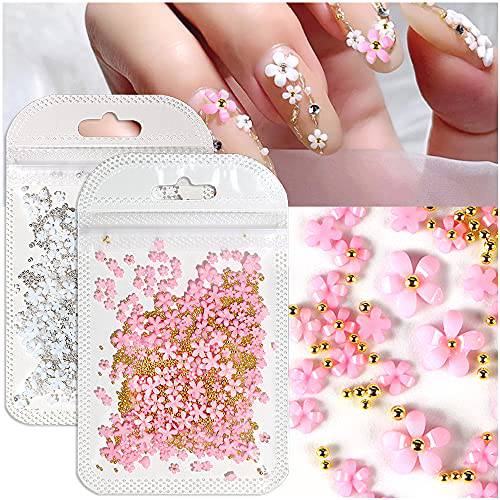 Dornail White Pink 3D Acrylic Flower Nail Charms With Pearl Golden Caviar Beads Nail Art Accessories Nail Designs for DIY Nail Decorations Nail Art Supplies