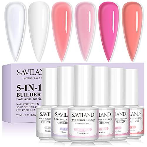 Saviland 5-in-1 Nail Gel Builder Set - 6 Colors Brush on Builder Nail Gel Kit Builder Clear White Pink Nudes Nail Extension Kit 7.5ml* 6pcs