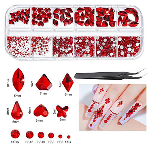 EBANKU Red Nail Rhinestones Hearts Butterfly Round Shaped Nail Art Crystals Diamonds Flat Back Rhinestones 3D Diamond Stone Nail Gems with Tweezers for Valentine’s Day
