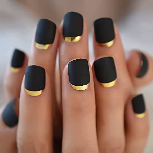 Black Matte Press On Nails With Designs Easy French Manicure Faux Ongles Decoration Fake Stick On Nails For Women Gold Metallic Moo