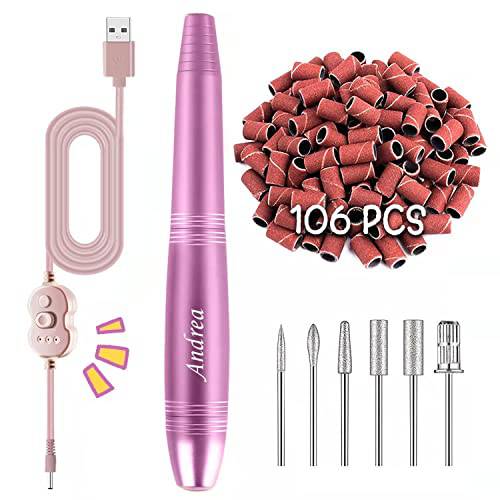 Andrea Nail Drill, Electric Nail File with 106 Sanding Bands and 6 Nail Drill Bits, Portable Nail Drill Machine for Gel Nail Remove or Polishing, for Manicure & Pedicure (Purple)