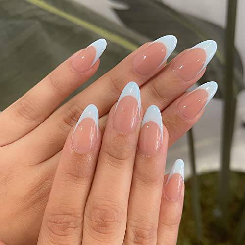 RikView French Press on Nails Oval Glossy Fake Nails Short White False Nails Full Cover Prom Nails for Women and Girls 24PCS/Set