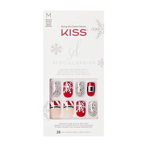 KISS Special Design Limited Edition Holiday Fake Nails, Style ‘Season’s Must-Haves’, Multi-Colored Medium Square, with 24 Adhesive Tabs, Nail Glue, Mini File, Manicure Stick & 28 False Nails