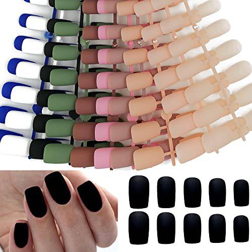 Bellelfin 240pcs False Nails Square Full Cover Short Press on Nails Artificial Acrylic Fake Nail Tips 10 Colors 12 Sizes for Women Girls Teens Fingernail DIY Manicure