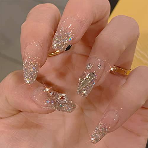 24Pcs Press on Nails Medium, 3D Rhinestones Coffin Fake Nails with Designs, Glossy Ballerina Acrylic Nails Press on, Sparkly Glitter Artificial Glue on Nails False Nails with Glue for Women Girls