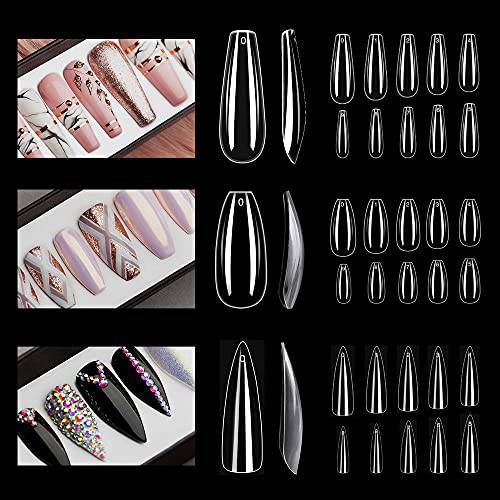 NOVAL Press on Nail Tips 3 Styles 1500PCS Long Ballerina Stiletto Short Coffin Clear Acrylic Full Cover Nails for Handmade Press on Nails Business DIY Nail Art