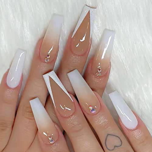 RikView French Press on Nails Long Fake Nails Coffin with Rhinestones White Nails Glossy Acrylic Nails for Women