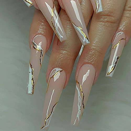 Kamize Gold Fake Long Nails Coffin Press on Nails Swirl Acrylic Nails Tips Full Cover Nude False Nails for Women and Girls24PCS