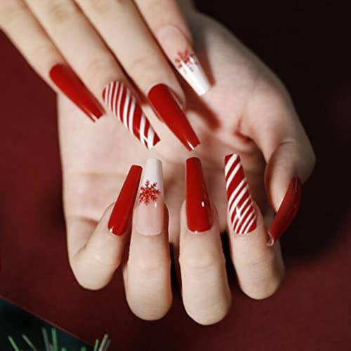 Aksod Christmas Fake Nails Glossy Red Press on Nails Super Long Coffin Snowflake Ballerina Full Cover Artificial False Nails Tips for Women and Girls 24Pcs (Style A)