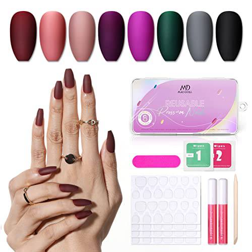 Press on Nails Matte Finish - 192 PCS Short Coffin Press on Nails, Nail Kit, Stick Glue on Nails for Women, Fall Winter Solid Colors Ballerina False Nail Tips with Glue Gift for Girls DIY Manicure on Christmas or Thanksgiving
